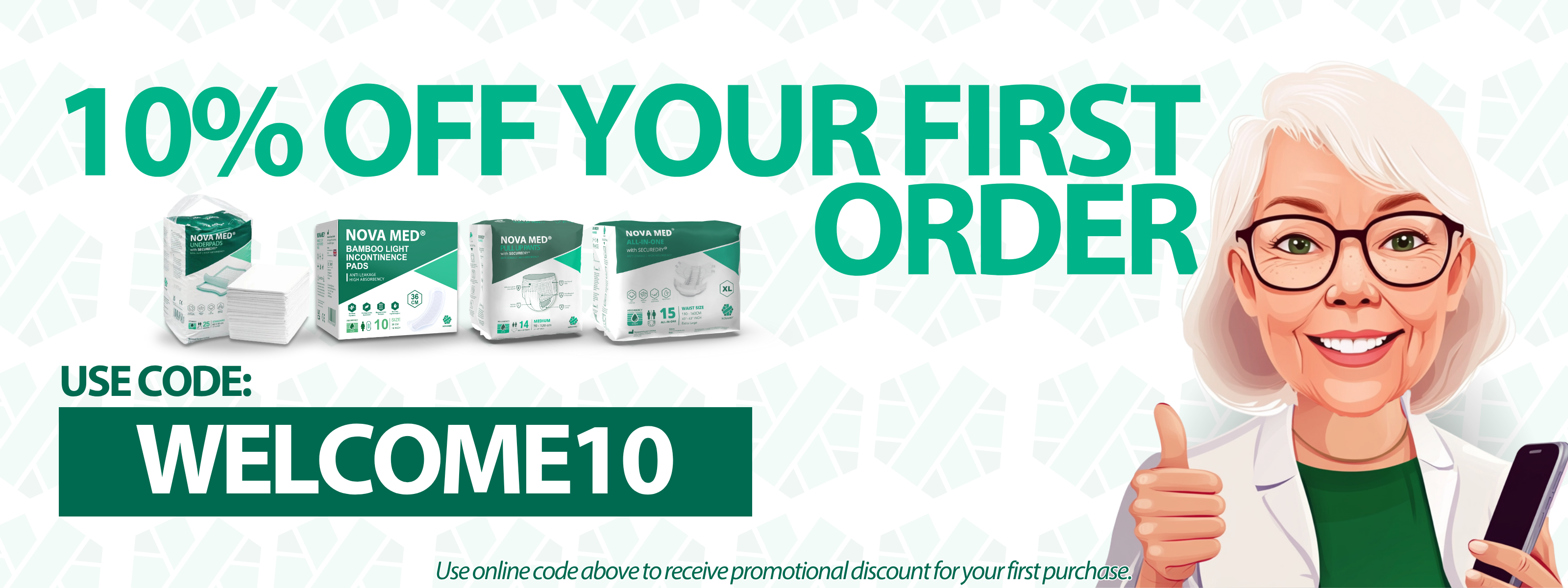 Promotional banner with a woman in a lab coat and glasses, offering a 10% discount on the first order with a code.