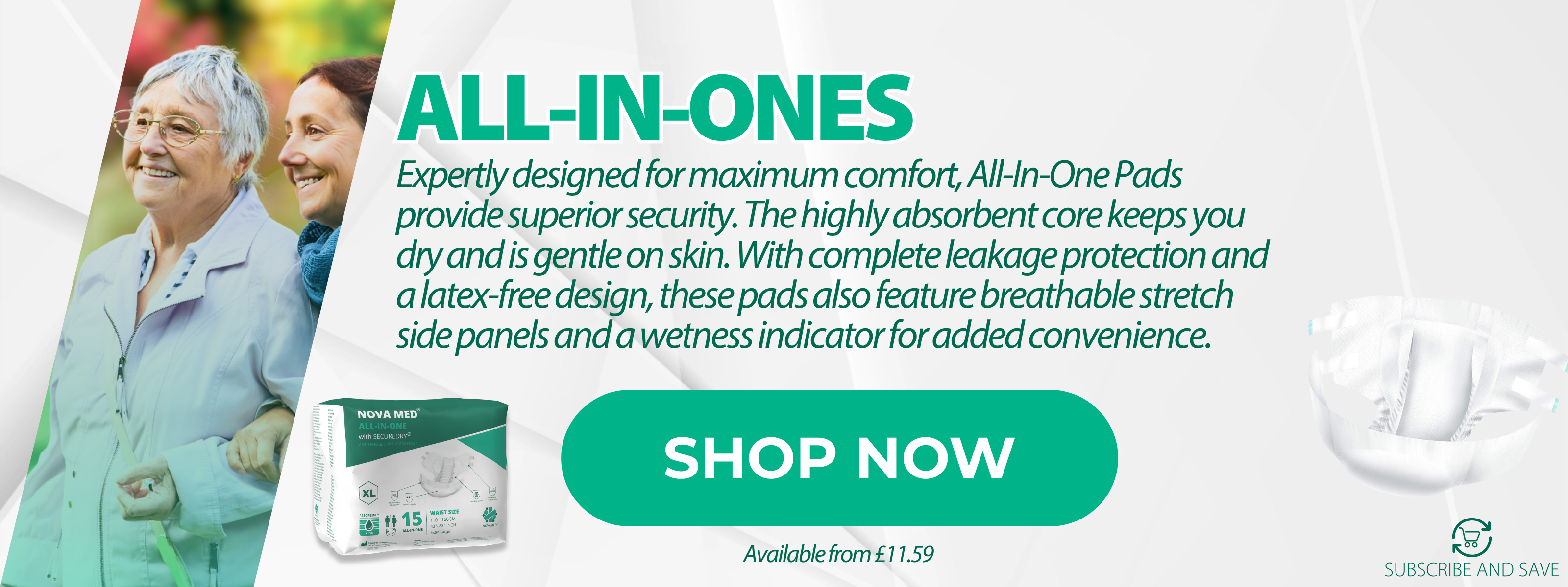 Advertisement for All-In-One pads with text and images of people, featuring a 'Shop Now' button.