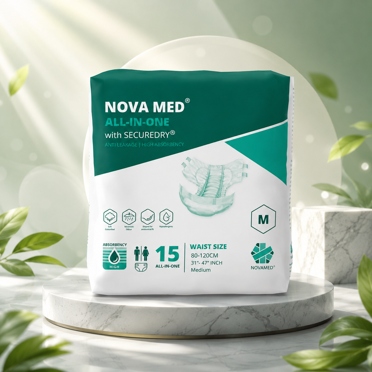 Novamed All in Ones Incontinence Pads, Incontinence Slips, Adult Nappies (15 per bag) - Sizes Medium to Extra Large- A British Brand