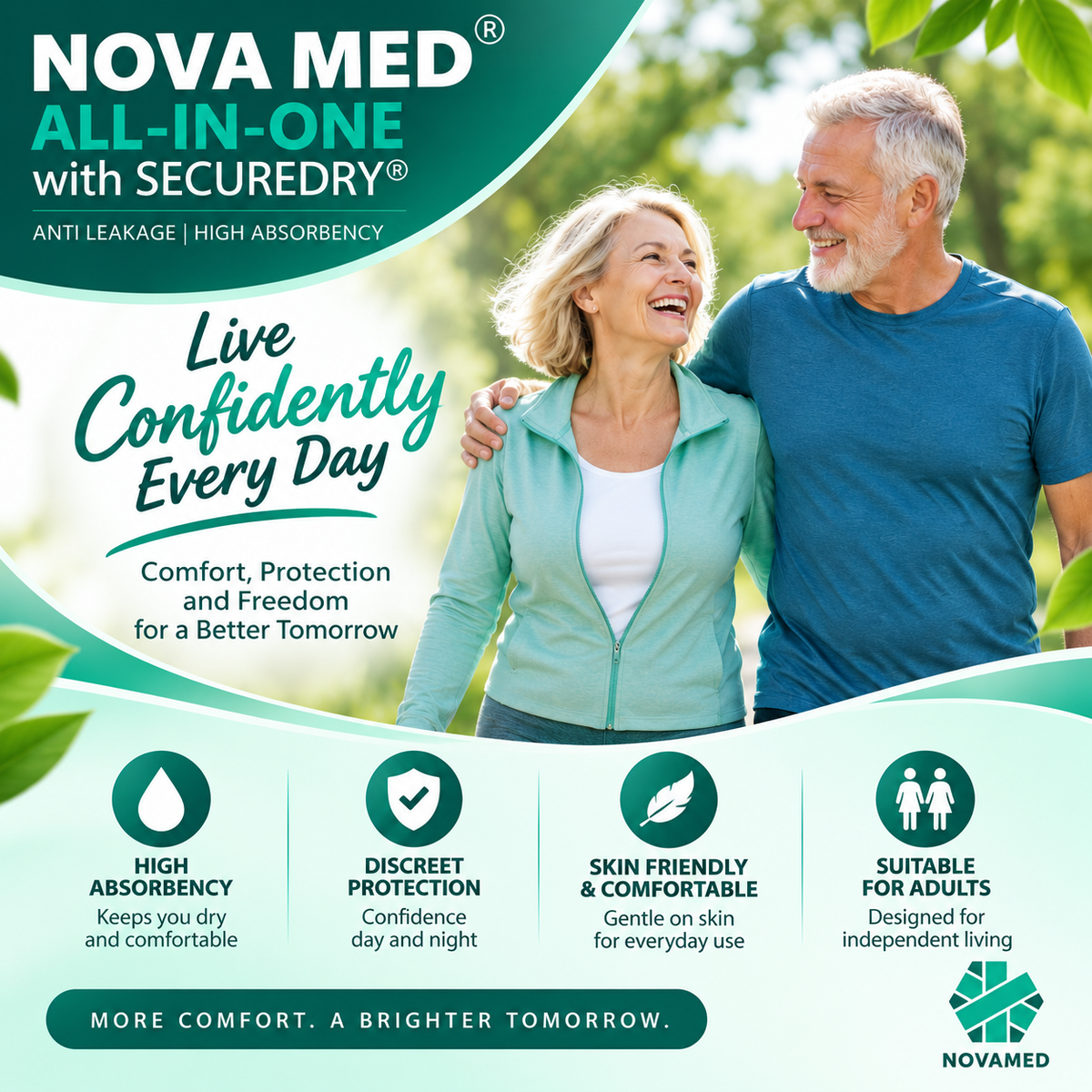 Promotional graphic for the Nova Med All-In-One with Securendy adult bedding product, featuring a smiling older couple in a garden setting. The design includes product benefits icons and text for high absorbency, discretion, skin friendliness, and suitability for adults.