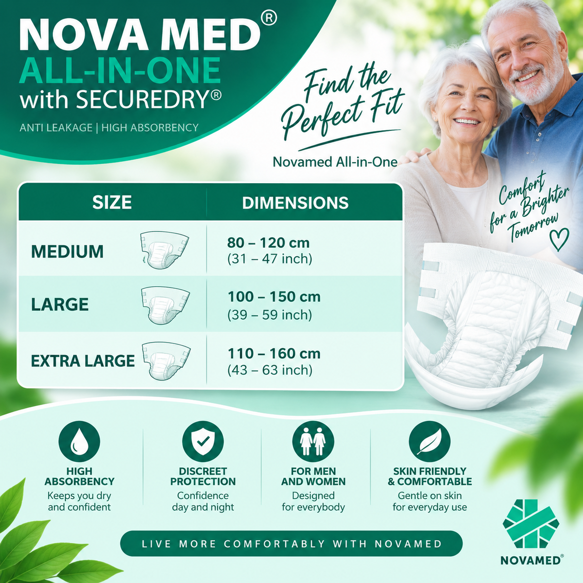 Novamed All in Ones Incontinence Pads, Incontinence Slips, Adult Nappies (15 per bag) - Sizes Medium to Extra Large- A British Brand - Novamed (Europe) ltd