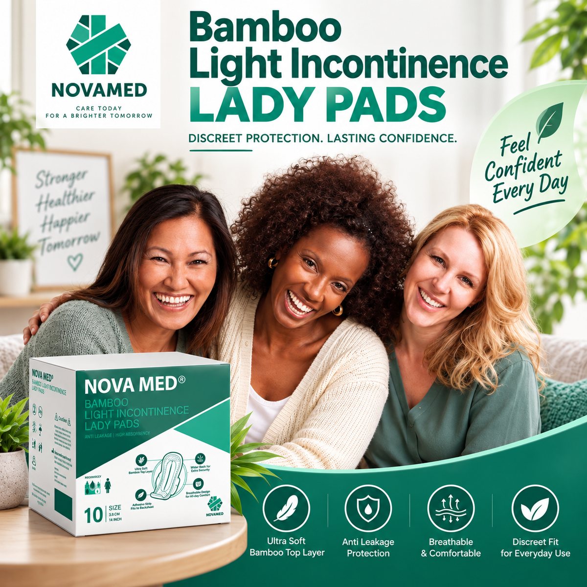 Novamed Bamboo Light Incontinence Lady Pads box displayed on a table with three smiling women in a bright living room setting, featuring product benefits and branding.