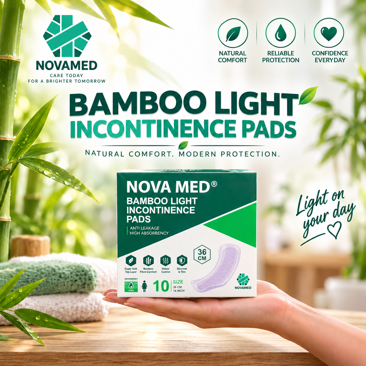 A hand holds a box of Nova Med Bamboo Light Incontinence Pads against a bright, bamboo-themed background with green leaves and a wooden surface. The packaging is white and green, and the image includes promotional text and icons highlighting natural comfort, reliable protection, and confidence everyday.