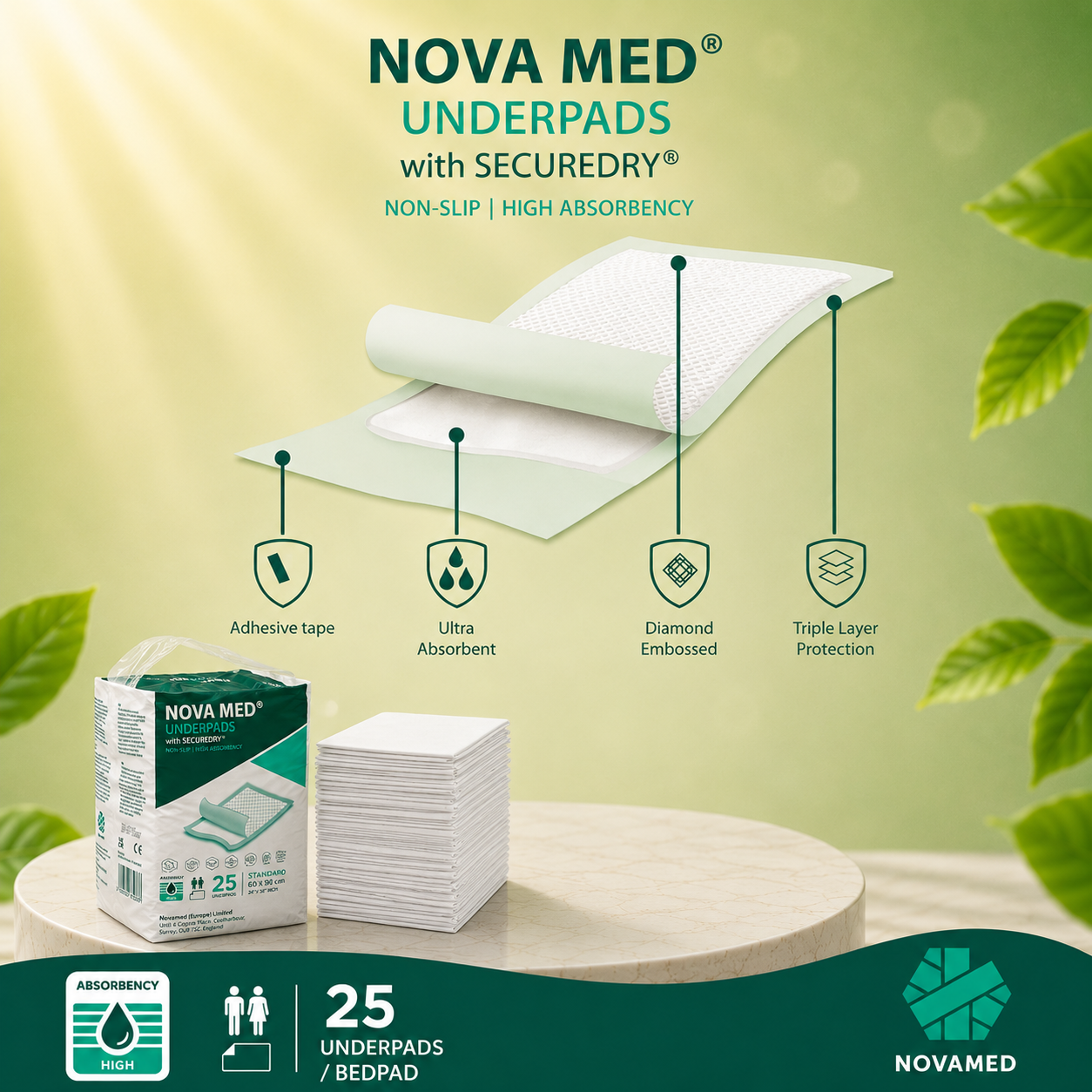 Novamed Incontinence Disposable Bed Pads, Underpads with adhesive tapes - 60x90 cm
