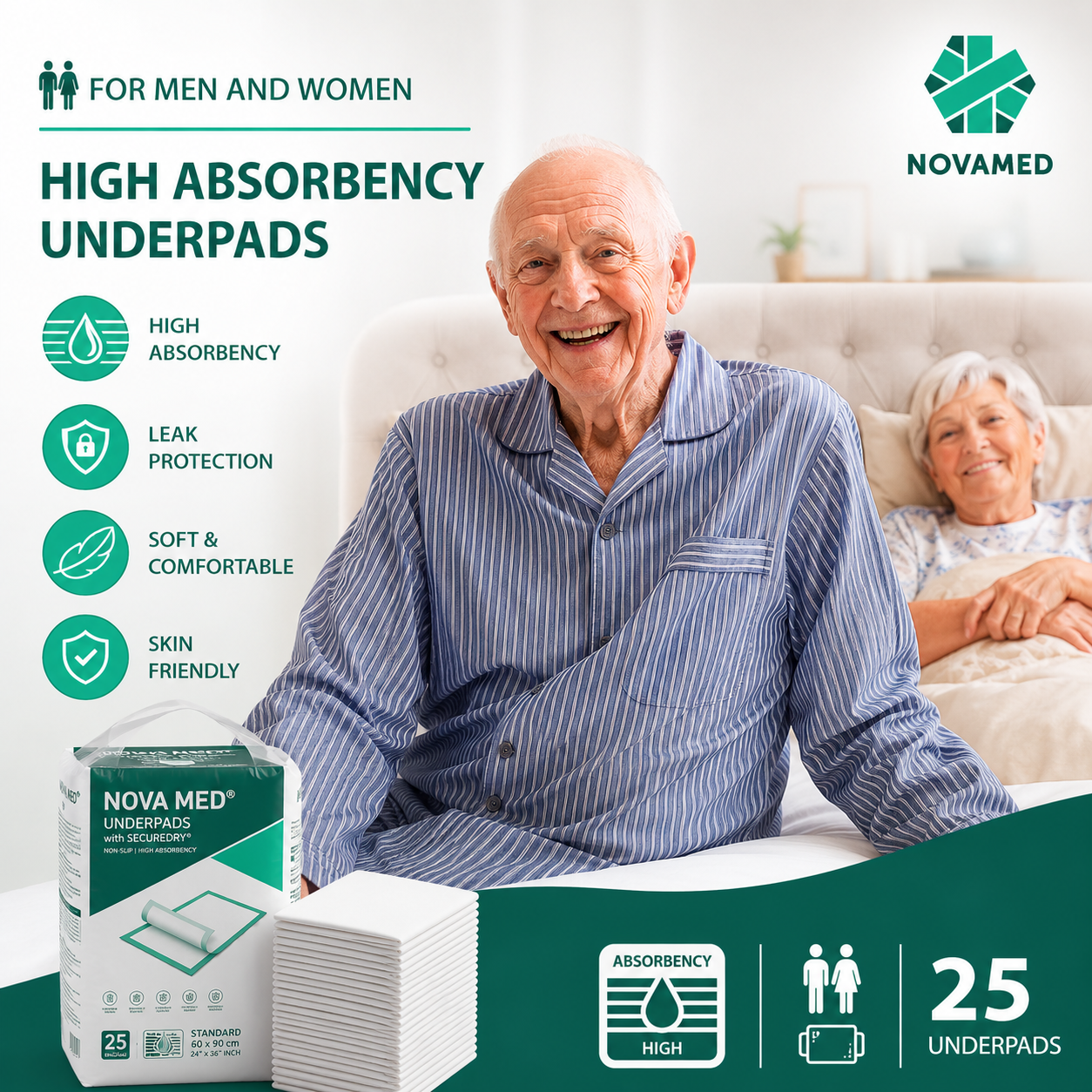 Novamed Incontinence Disposable Bed Pads, Underpads with adhesive tapes - 60x90 cm