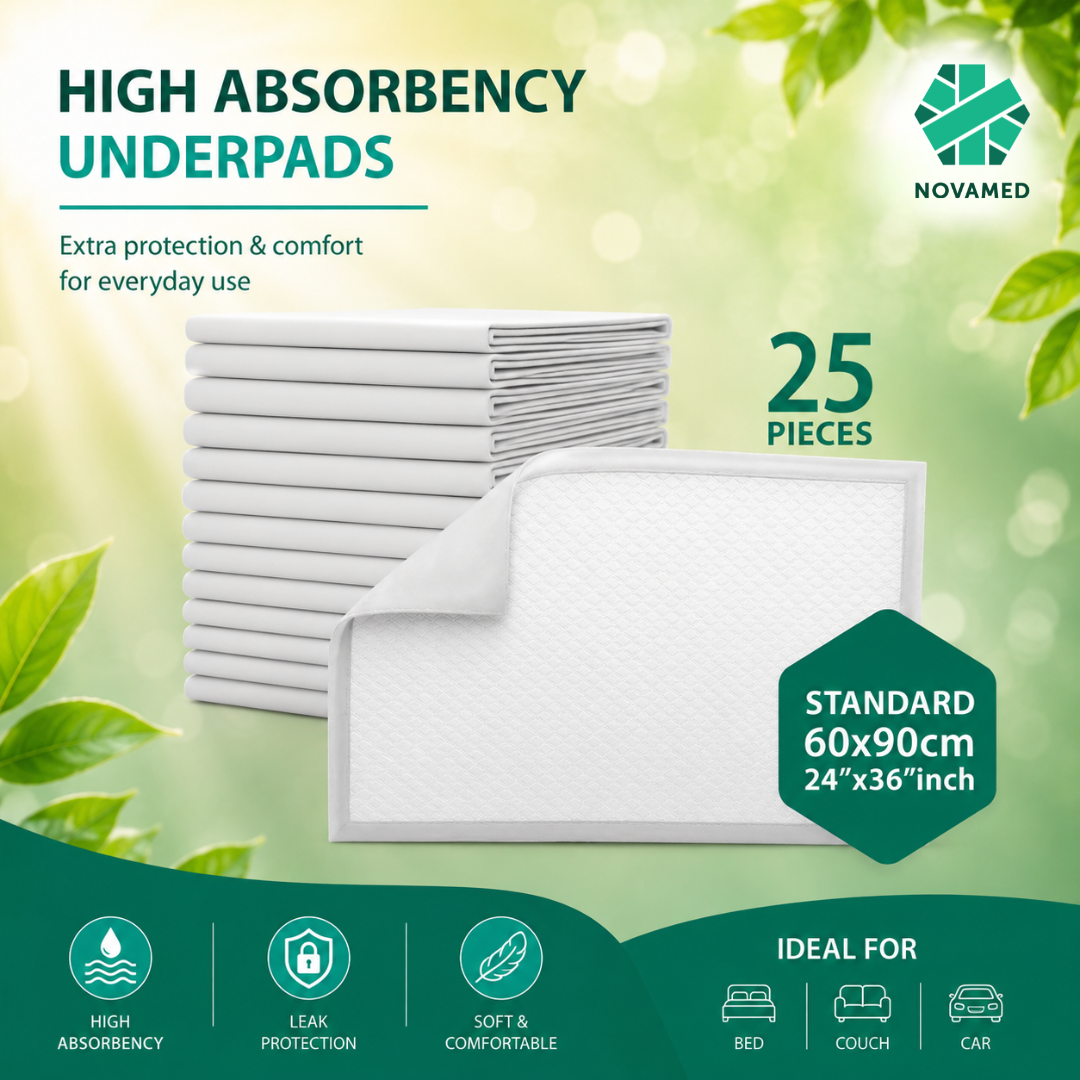 Novamed Incontinence Disposable Bed Pads, Underpads with adhesive tapes - 60x90 cm