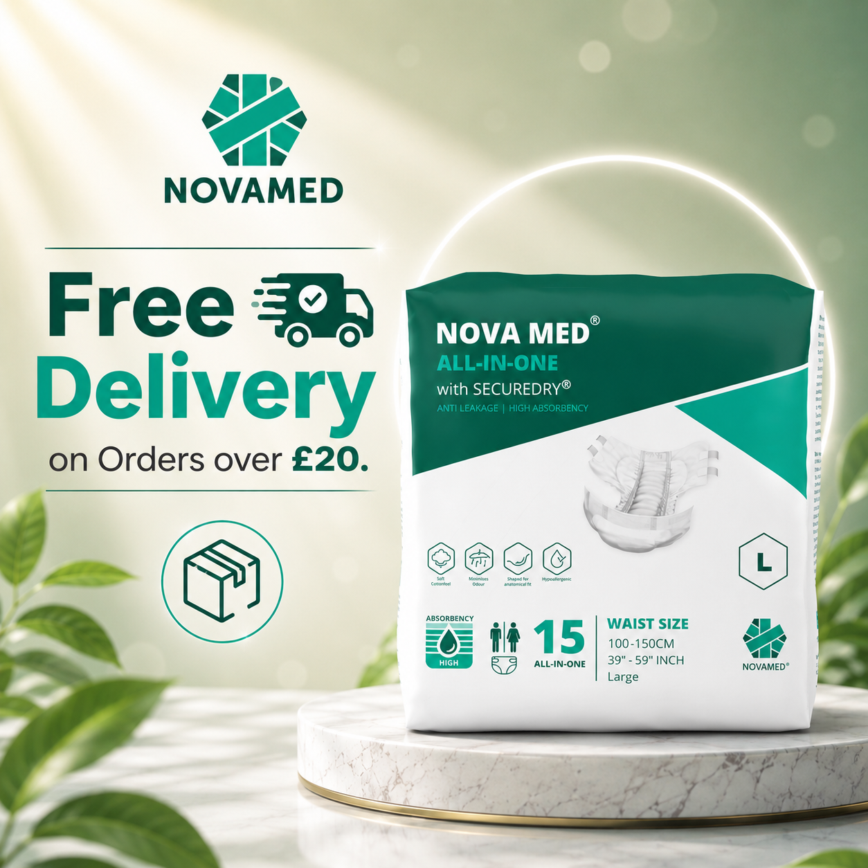 Novamed All in Ones Incontinence Pads, Incontinence Slips, Adult Nappies (15 per bag) - Sizes Medium to Extra Large- A British Brand