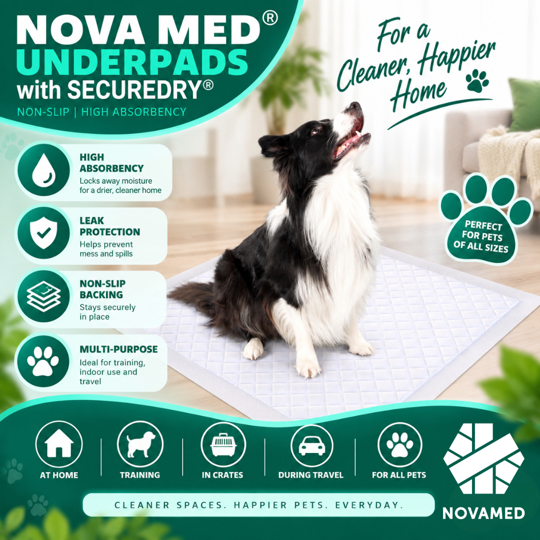 Nova Med Underpads with SecureDry absorbent mat shown on a black and white dog in a home setting, with feature callouts and branding.