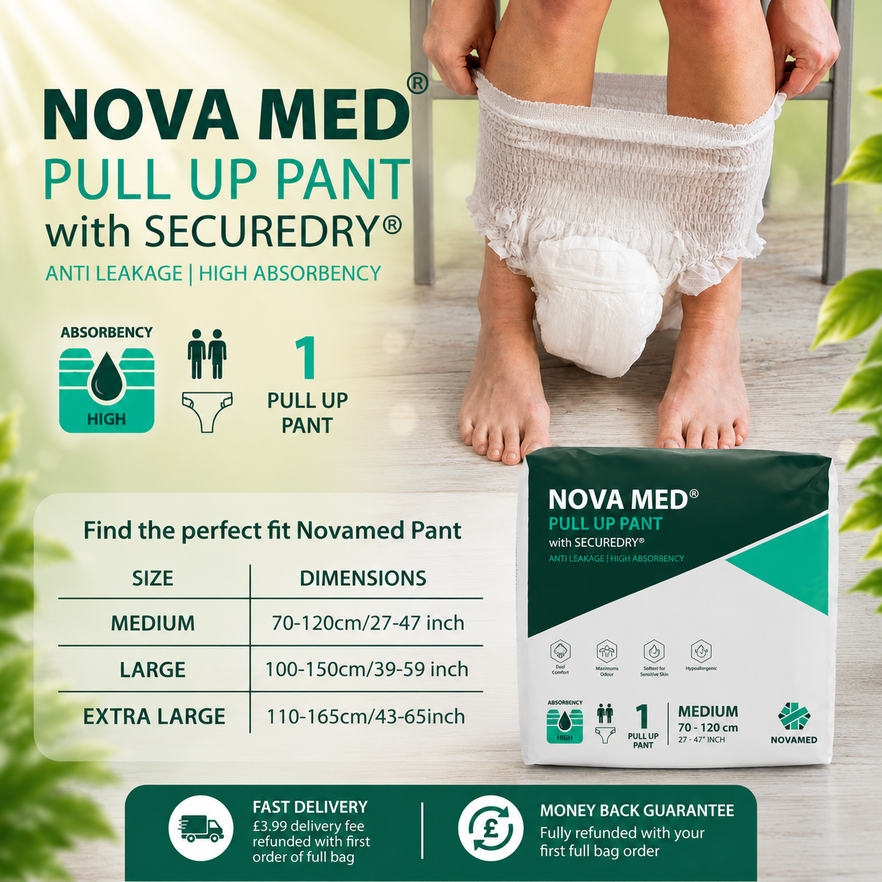 Novamed Incontinence Pants Women & Men, Adult Pull up Pants, Adult Nappies - Size Medium to Extra Large - High Absorbency - A British Brand - Free Sample Pack - Novamed (Europe) ltd