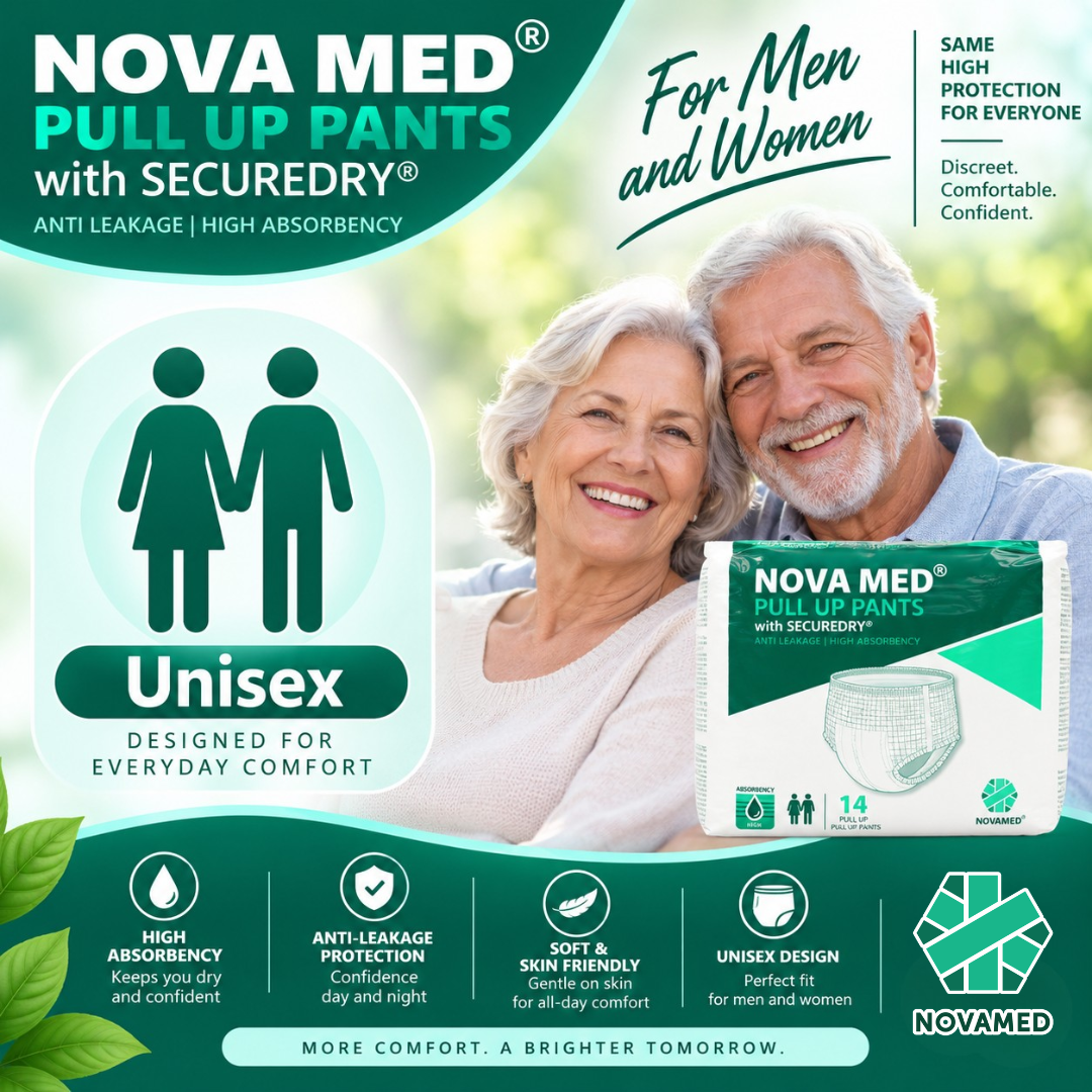 Nova Med Pull Up Pants with SecureDry technology, shown in a promotional graphic for unisex adult diapers. The image features a smiling elderly couple in the background and a pack of the product in the lower right.