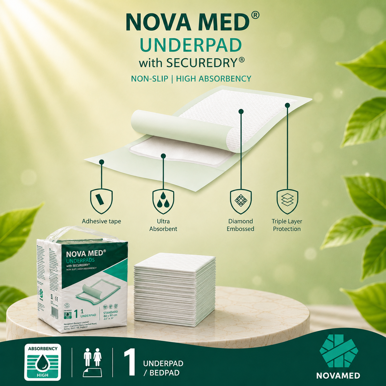 Novamed Incontinence Disposable Bed Pads, Bed Mats, Underpads, Incontinence Pads with Sticky tapes - 60 * 90 cm - 1700-1900ml Absorption - Free sample pack - Novamed (Europe) ltd