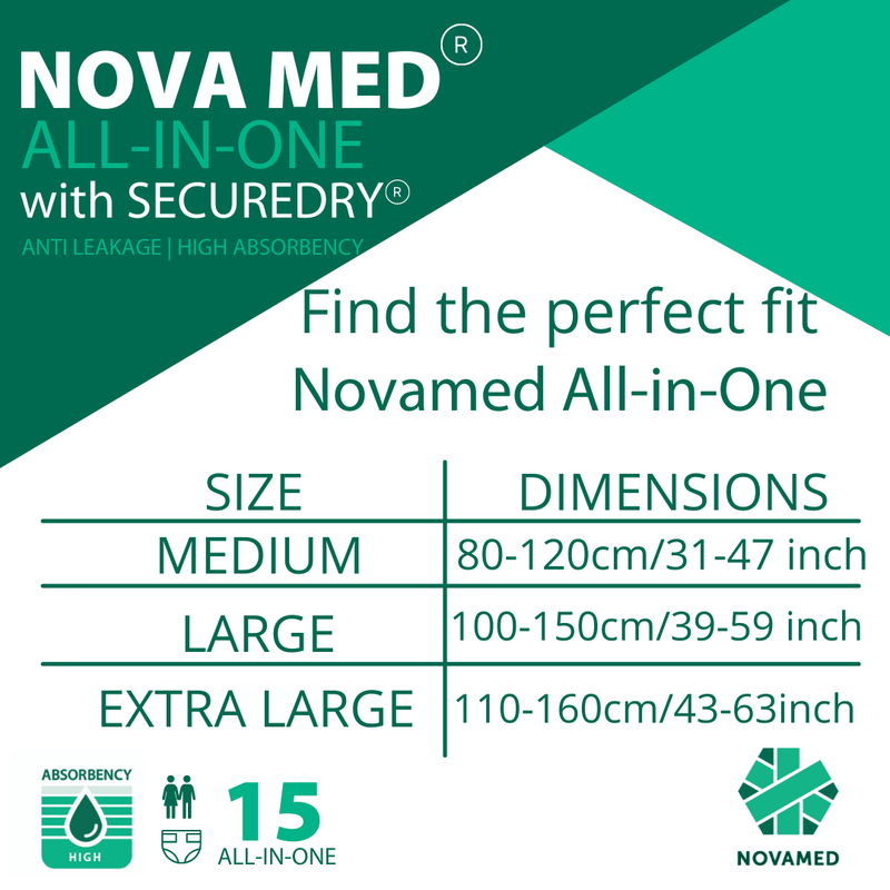 Novamed All in Ones Incontinence Pads, Incontinence Slips, Adult Nappies (15 per bag) - Sizes Medium to Extra Large- A British Brand - Novamed (Europe) ltd