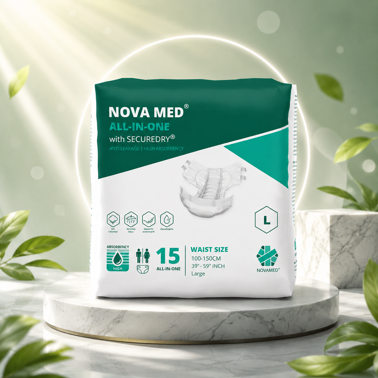 Novamed All in Ones Incontinence Pads, Incontinence Slips, Adult Nappies (15 per bag) - Sizes Medium to Extra Large- A British Brand