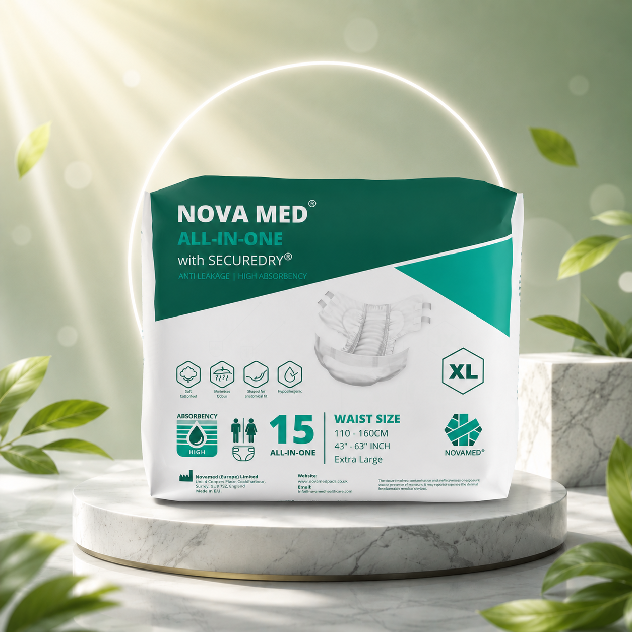 Novamed All in Ones Incontinence Pads, Incontinence Slips, Adult Nappies (15 per bag) - Sizes Medium to Extra Large- A British Brand