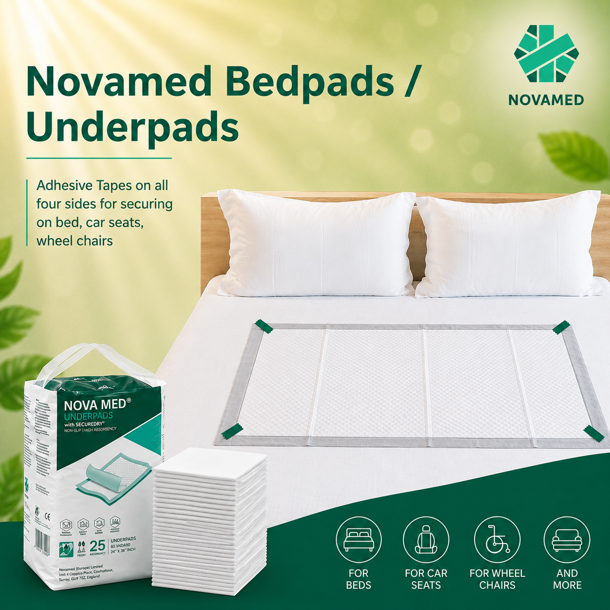 Novamed Incontinence Disposable Bed Pads, Underpads with adhesive tapes - 60x90 cm