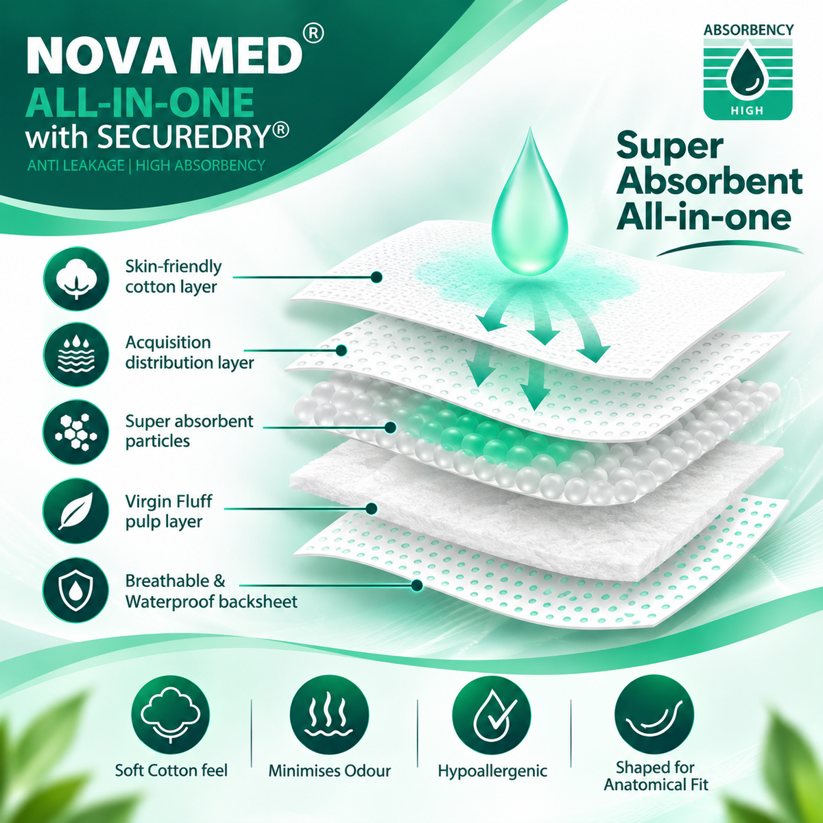 Nova Med All-In-One super absorbent adult incontinence pad packaging graphic with a layered diagram showing skin-friendly cotton, acquisition distribution, super absorbent particles, virgin fluff pulp, and breathable waterproof backsheet. Features green and white design with text callouts and absorption icon.