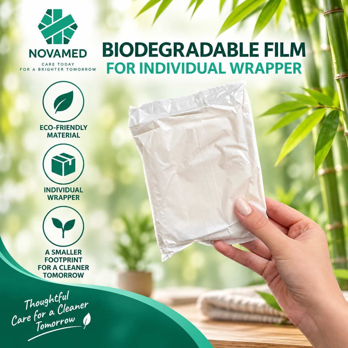 A hand holds a small white biodegradable film individual wrapper against a soft bamboo garden background. The image includes Novamed branding and text highlighting eco-friendly material, individual wrapper format, and smaller footprint benefits.