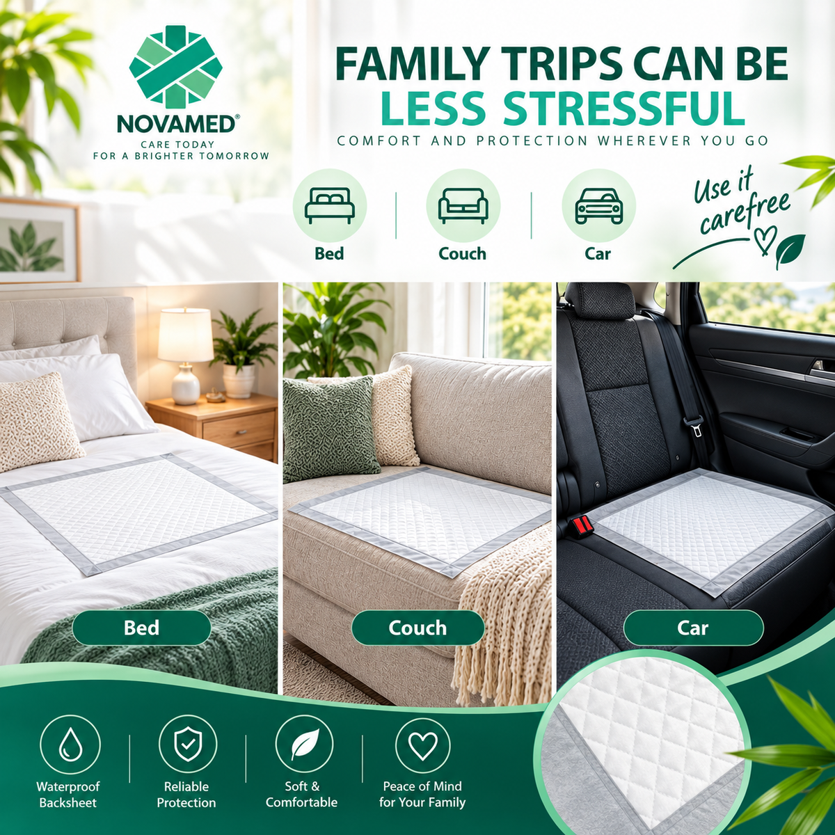 Novamed car seat pad shown in three lifestyle settings: on a bed, a couch, and installed in a car's back seat. The ad features a green and white color scheme with text highlighting product features like waterproof backing, reliable protection, soft comfort, and peace of mind.