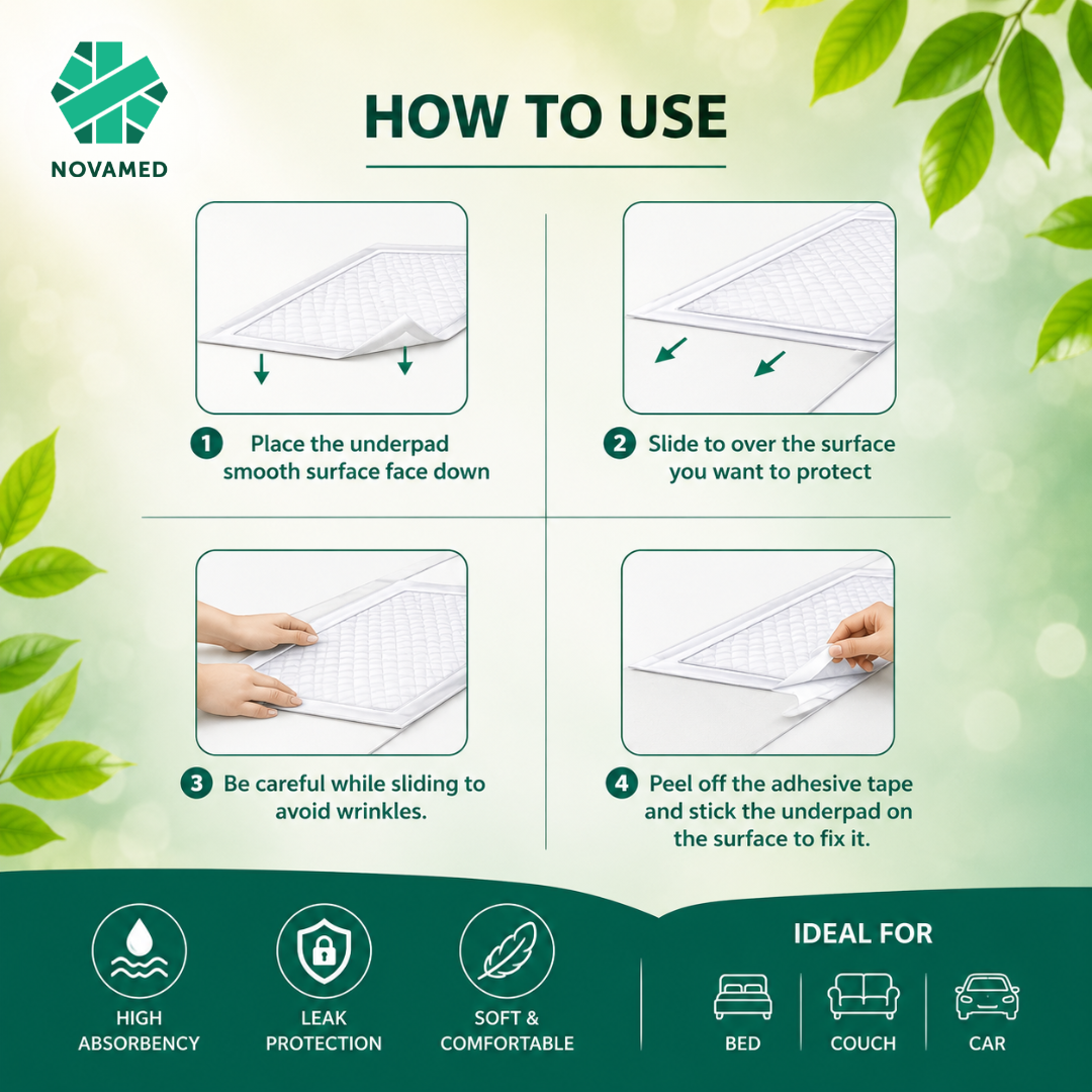 Novamed Incontinence Disposable Bed Pads, Underpads with adhesive tapes - 60x90 cm