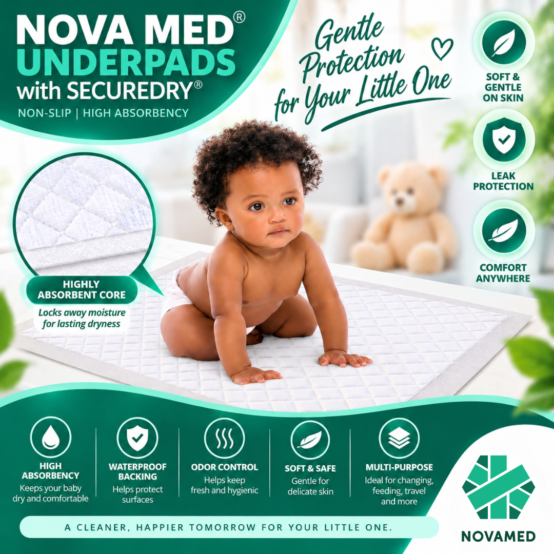 A baby crawling on a white underpad in a bright nursery setting, with a teddy bear in the background. The image is a promotional graphic for NOVA MED UNDERPADS with Securedry, featuring product benefits, absorbency claims, and feature icons on a teal and white layout.