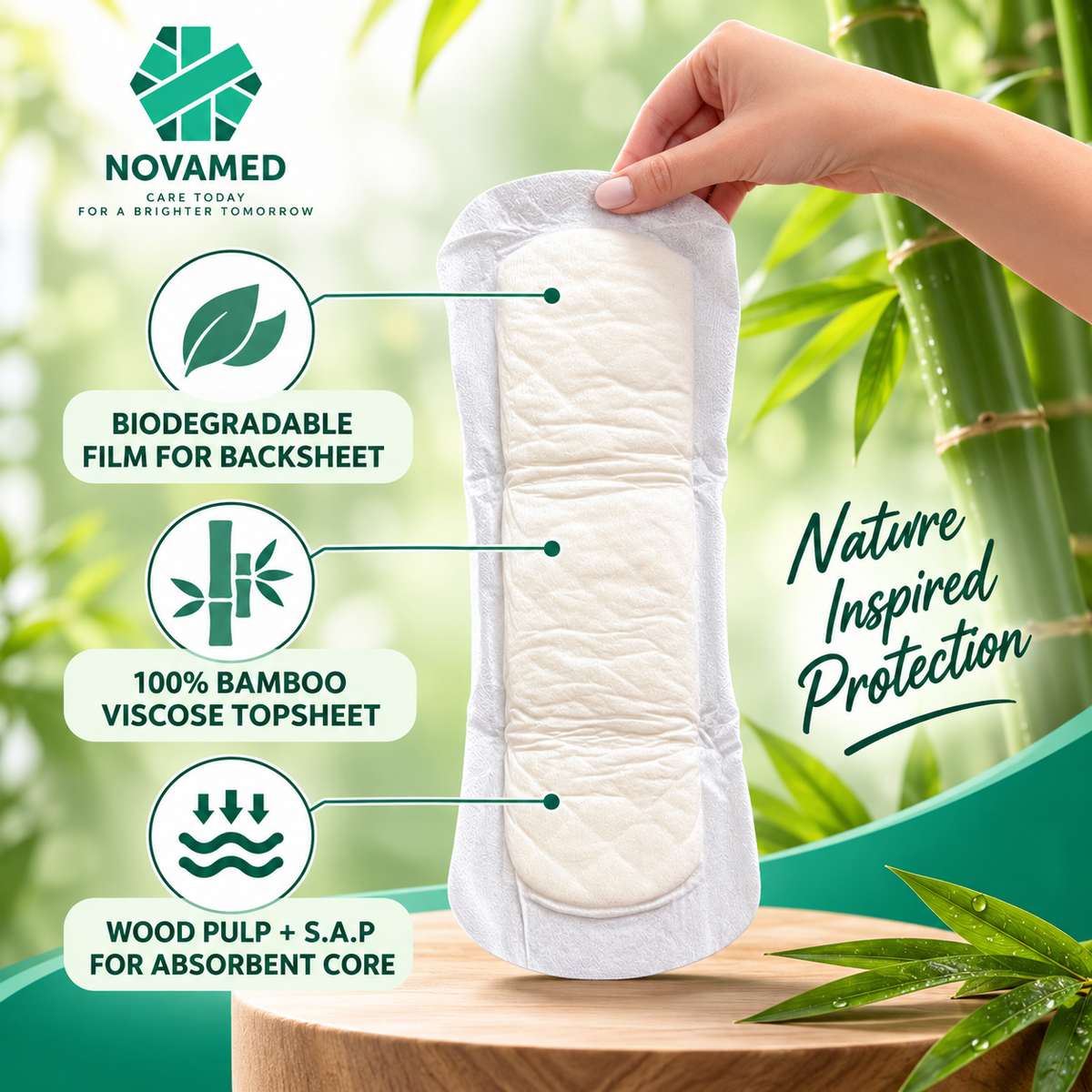 A hand holds a Novamed bamboo-protected sanitary pad over a bamboo-themed background with feature callouts for biodegradable film, bamboo viscoso topsheet, and wood pulp + S.A.