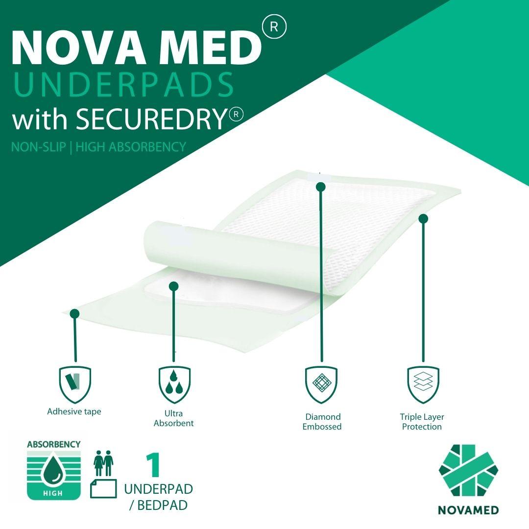 Novamed Incontinence Disposable Bed Pads, Bed Mats, Underpads, Incontinence Pads with Sticky tapes - 60 * 90 cm - 1700-1900ml Absorption - Free sample pack - Novamed (Europe) ltd